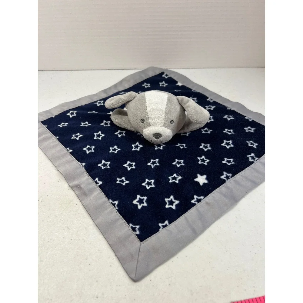 Child of Mine Carters Puppy Dog Star Security Blanket Navy Blue Grey Satin Lovey